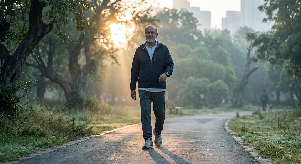 an aged man walk at early morning